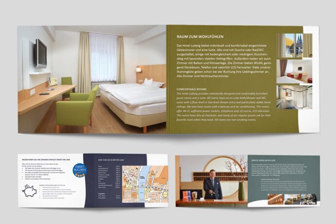 Innenseiten Imagebroschüre  mit den Inhalten: Zimmer, Lage und Angebote, Bilder der Zimmer, Standortkarte