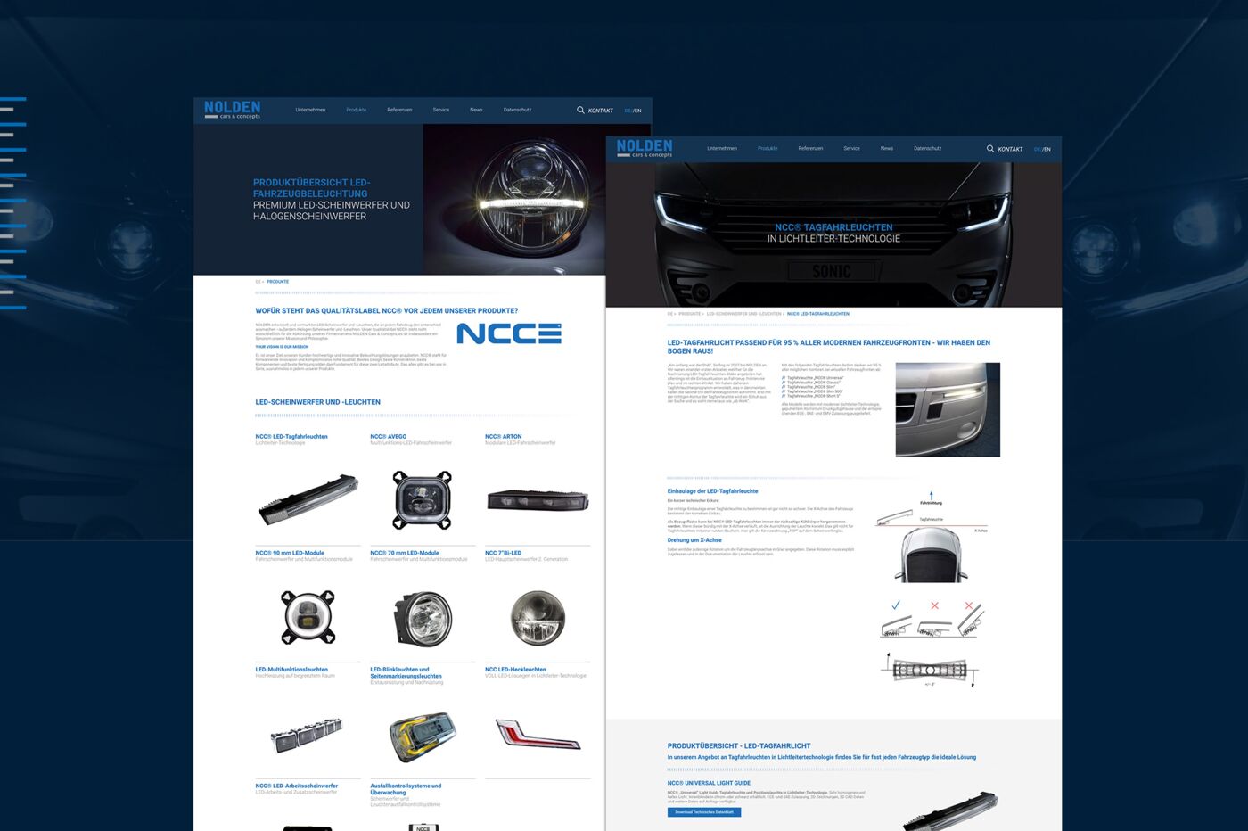 Ansicht zeigt das Design einer Produktwebseite  für LED Scheinwerfer