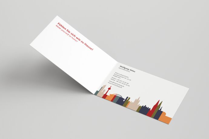 Skyline Köln in bunten Farben Kontaktdaten und Claim: Fühlen Sie sich wie zu Hause