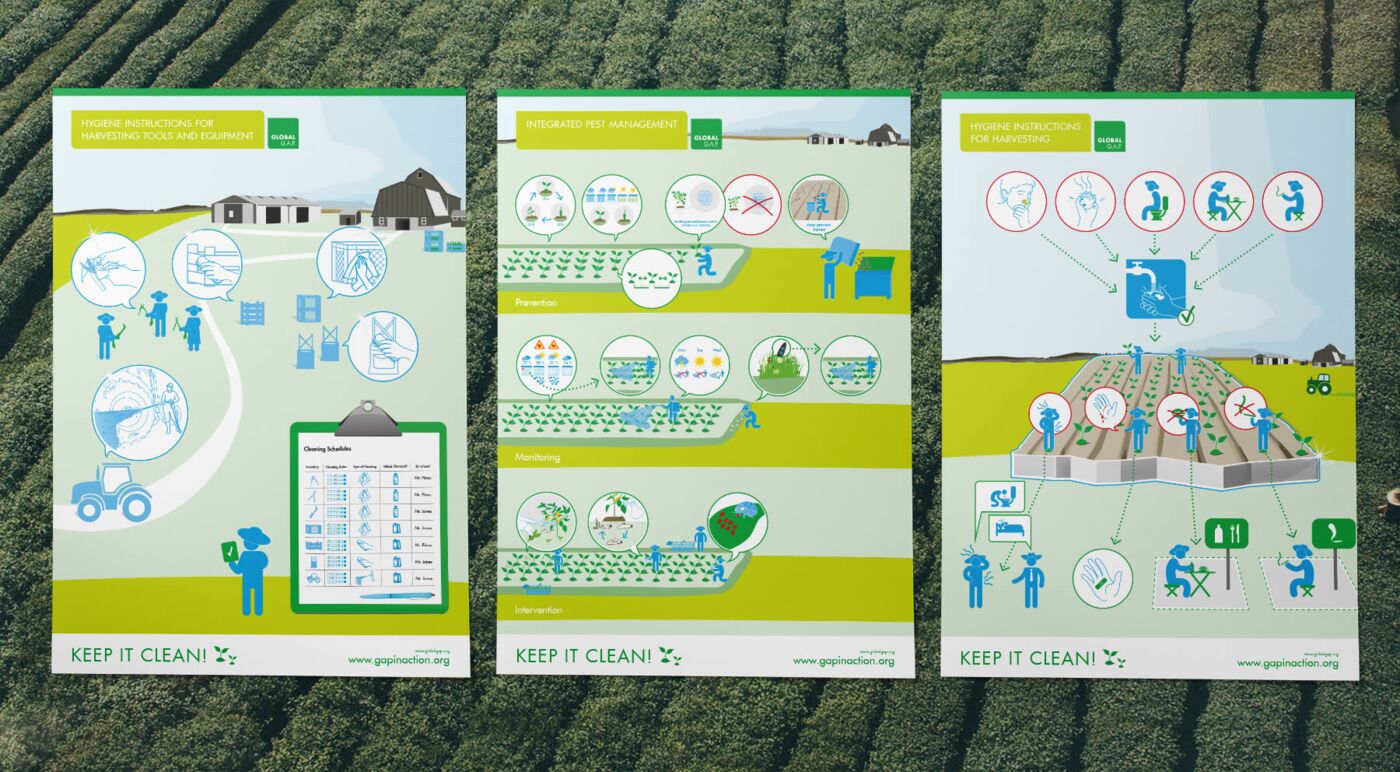 Grafik zeigt 3 unterschiedliche Poster für Hygienestandards und Arbeitssicherheit in der Landwirtschaft