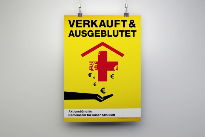 Gelbes Plakat mit rotem Krankenhaus Zeichen das in Euro-Zeichen verfällt_______